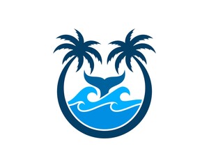 Fototapeta na wymiar Circular palm tree with beach wave and whale tail