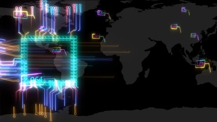 Futuristic digital intelligent twisted light photon high speed chip and score board data processing technology full power with energy cell moving around and world map background - Powered by Adobe