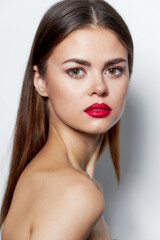 Brunette Nude shoulders red lips attractive look clear skin bright makeup 