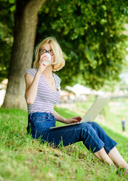 Girl laptop outdoors. Being outdoors exposes workers to fresher air and environmental variations making happy and healthy on physical and emotional level. Why employees need to work outdoors