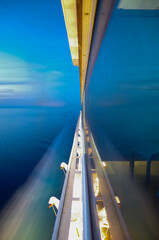 Dream holiday or vacation on luxury cruiseship or cruise ship liner at sea with sunset, sunrise or...