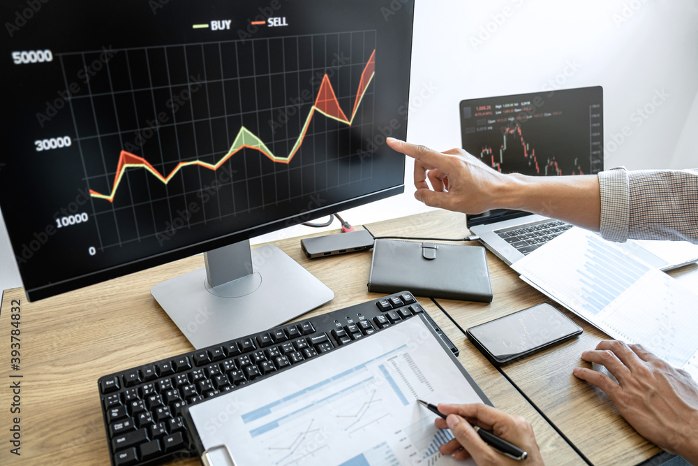 Poster business team investment working with computer, planning and analyzing graph stock market trading wi