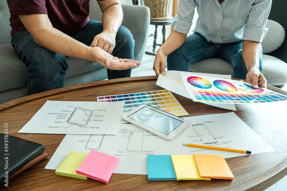Sticker team of creative web/graphic designer planning, drawing website ux app for mobile phone application 