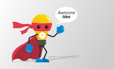 Light bulb on superhero costume concept. Awesome idea symbol vector illustration