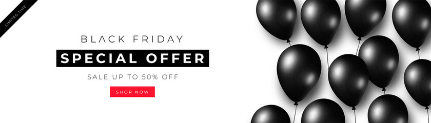 Black Friday white banner with black balloons