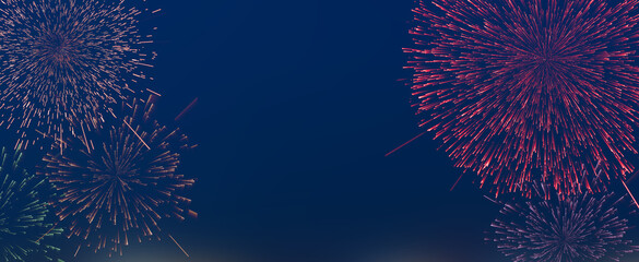 abstract show group of explode fireworks bright light vibrant colorful and fall fire glitter confetti on blue night sky background for happy new year 2021 concept