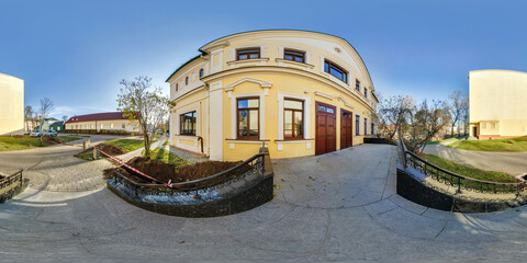 full seamless spherical hdri panorama 360 degrees angle near old houses in city bystreet in...