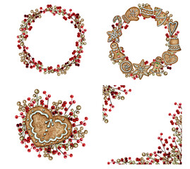 Christmas gingerbread cookies heart Wreath frame border. Greeting card, poster, banner concept. Round Frame of red berries on white background, New Year watercolor hand drawn illustration