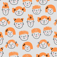 Seamless pattern with children faces. Hand drawn style. Vector children's illustration. Design for fabric, wallpaper or wrap paper.