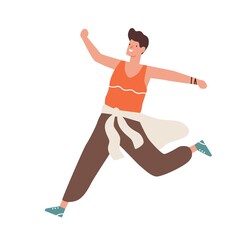 Happy man running for sale. Colorful scene of male character in a hurry. Teenager moving in rush. Flat vector cartoon illustration isolated on white background