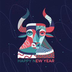 Happy New year card.  Year of the bull. Vector abstract illustration. Bull illustration.