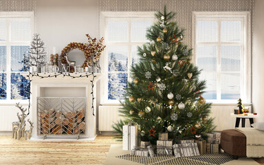 New year tree in scandinavian style interior with christmas decoration and fireplace

