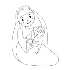 A Christmas nativity coloring scene cartoon. Virgin Mary holding baby Jesus.