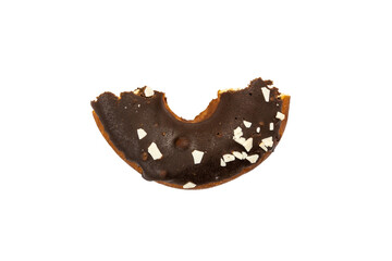 Half donut in chocolate glaze, sprinkled with pieces of white chocolate isolated on a white background.