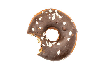 Bitten donut in chocolate glaze, sprinkled with pieces of white chocolate, isolated on white...
