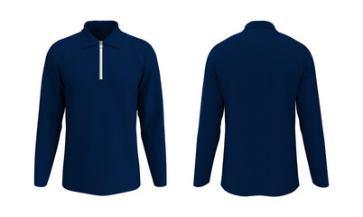 Blank collared shirt mock-up with half zip, sportswear, front and back views, 3d illustration, 3d rendering © Febriana