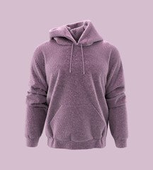 Fleece hooded sweatshirt mockup for print, isolated on purple background, 3d rendering, 3d illustration