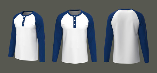 Blank raglan henley t-shirt with long sleeve mockup, front view, design presentation for print, 3d illustration, 3d rendering