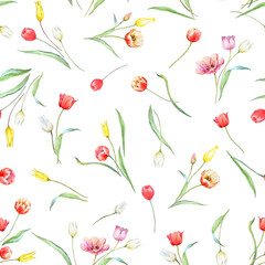 Beautiful vector seamless pattern with watercolor gentle blooming tulip flowers. Stock illustration.