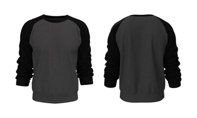 Blank raglan sweatshirt mock up template in front, and back views, isolated on white, 3d rendering, 3d illustration