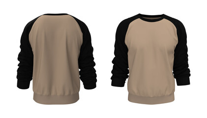 Blank raglan sweatshirt mock up template in front, and back views, isolated on white, 3d rendering, 3d illustration