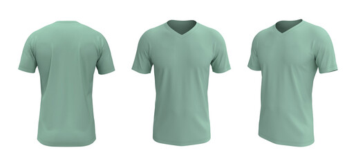 men's short sleeve t-shirt mockup in front, side and back views, design presentation for print, 3d illustration, 3d rendering