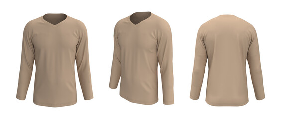 Naklejka premium men's long sleeve t-shirt mockup in front, side and back views, design presentation for print, 3d illustration, 3d rendering