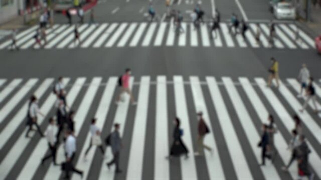TOKYO, JAPAN : Aerial high angle view of crowd of people walking at zebra crossing in rush hour. Commuters at the street. Japanese city life style, business and work concept. Slow motion blurred shot.