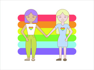 Girls in love hold hands against a rainbow background. Isolated vector image in eps format.