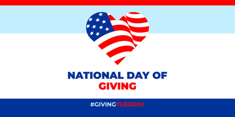 Giving Tuesday, NATIONAL DAY OF GIVING. Vector banner, poster, card for social media with the text GIVINGTUESDAY. It takes place the Tuesday after Thanksgiving.