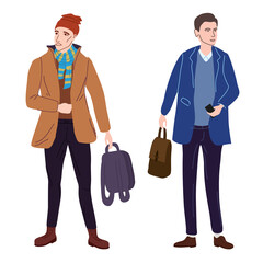 Couple Young mans students in modern autumn trendy clothes. Fashion casual outerwear street style characters. Flat cartoon style vector isolated