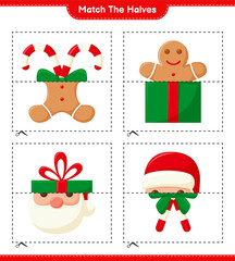 Match the halves. Match halves of Christmas Decoration. Educational children game, printable worksheet, vector illustration