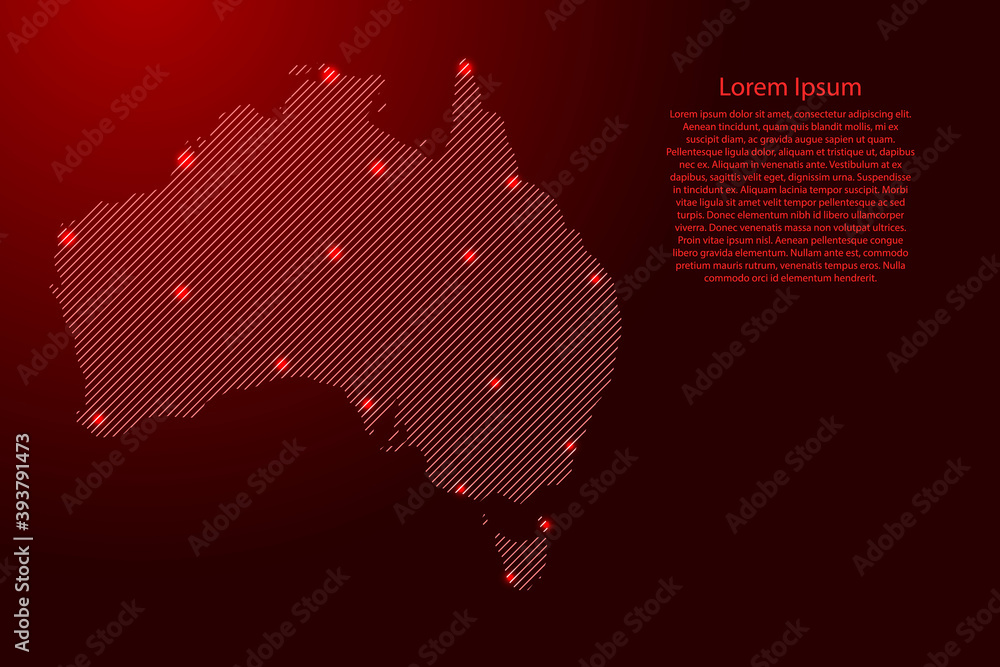 Poster australia map from red pattern slanted parallel lines and glowing space stars grid. vector illustrat