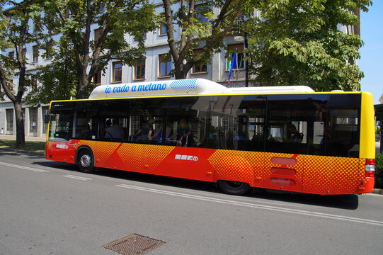 Bergamo, Lombardije, Italy - August 17, 2017: Bus - ATB - Azienda Trasporti Bergamo - Autobus by the side of the road in the city of Bergamo.