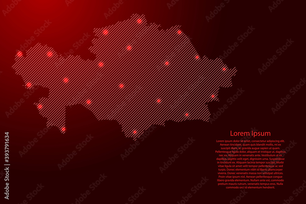Poster kazakhstan map from red pattern slanted parallel lines and glowing space stars grid. vector illustra