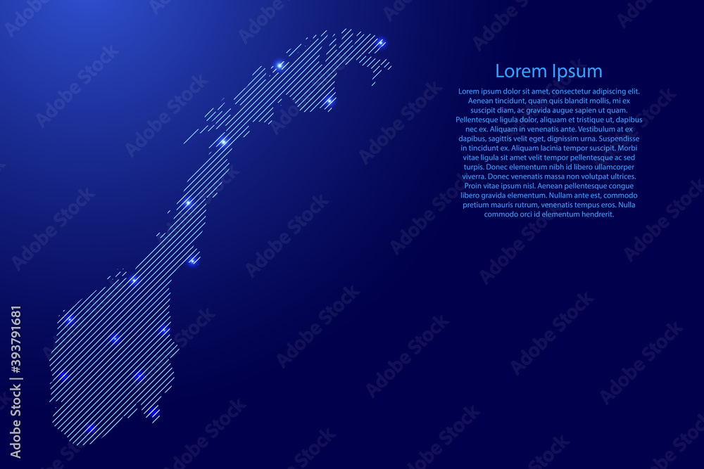 Poster norway map from blue pattern slanted parallel lines and glowing space stars grid. vector illustratio