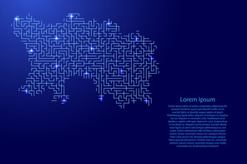 Fototapeta na wymiar Jersey map from blue pattern of the maze grid and glowing space stars grid. Vector illustration.