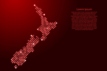 New Zealand map from red pattern rhombuses of different sizes and glowing space stars grid. Vector illustration.