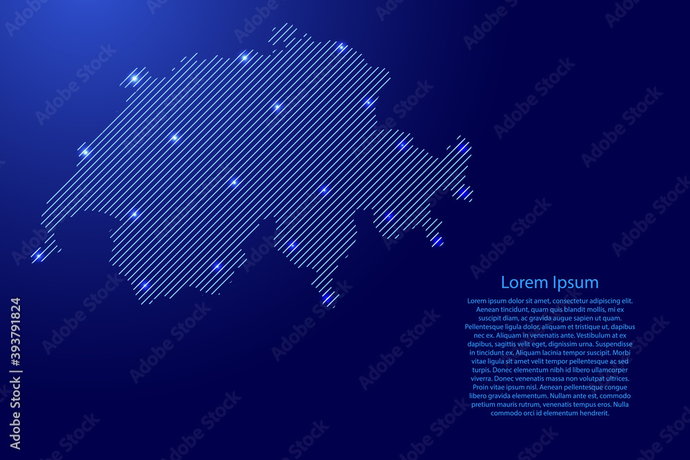 Poster switzerland map from blue pattern slanted parallel lines and glowing space stars grid. vector illust
