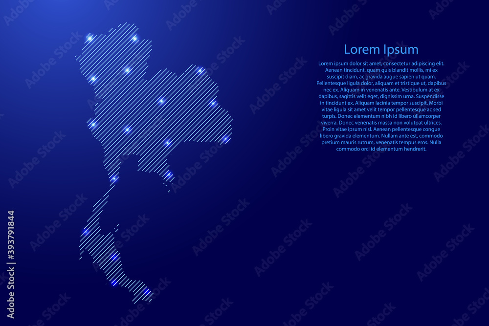 Poster thailand map from blue pattern slanted parallel lines and glowing space stars grid. vector illustrat