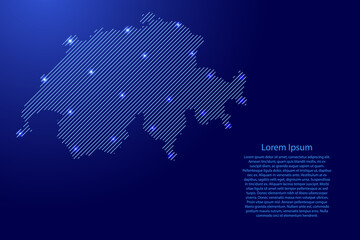 Switzerland map from blue pattern slanted parallel lines and glowing space stars grid. Vector illustration.