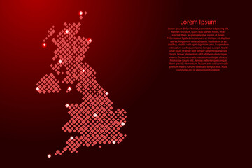 United Kingdom map from red pattern rhombuses of different sizes and glowing space stars grid. Vector illustration.