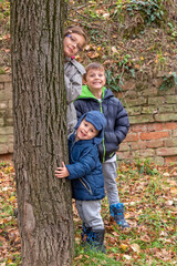 Naklejka na ściany i meble Sister and two brothers is standing next to a tree. Childrens playing in the autumn day