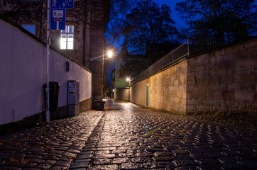 Narrow historical alley in the old town of Bamberg at night, World Heritage Site City of Bamberg, Germany