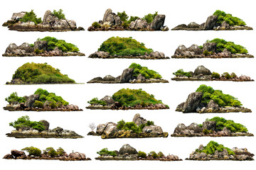 collection of trees. Mountain on the island and rocks.Isolated on White background