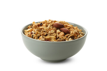 Bowl with tasty granola isolated on white background