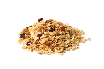 Granola with nuts and raisins isolated on white background