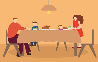Illustration vector design of family celebrate thanksgiving and they eat together at dinning room