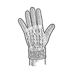 knitted wool glove on hand sketch engraving vector illustration. T-shirt apparel print design. Scratch board imitation. Black and white hand drawn image.