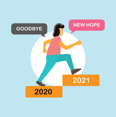 Woman walking up the stair from year 2020 to new year 2021.